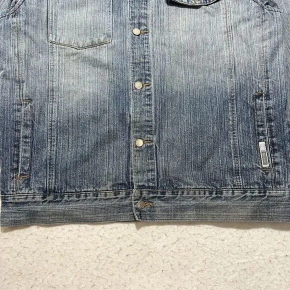 GB Black Label Men's Large Denim Jean Jacket Light Blue Distressed Metal Buttons - Picture 6 of 12